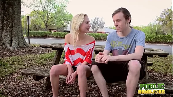 PUBLIC HANDJOBS Blonde fame seeker Odette Delacroix gives handjob audition at the park